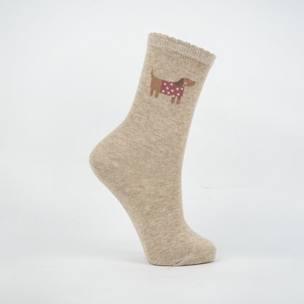 Girls Beige Dachshund Print Crew Socks