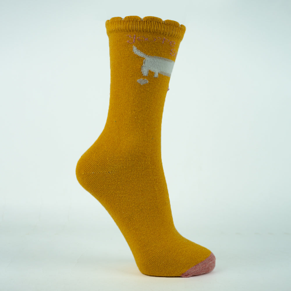 Girls Dachshund Print Mustard Crew Socks