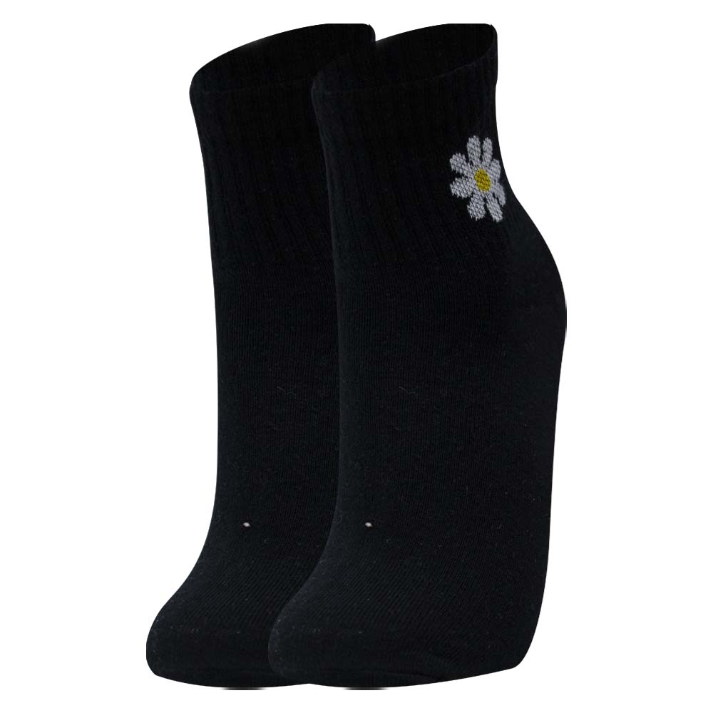 Black With Flower Print Crew Socks