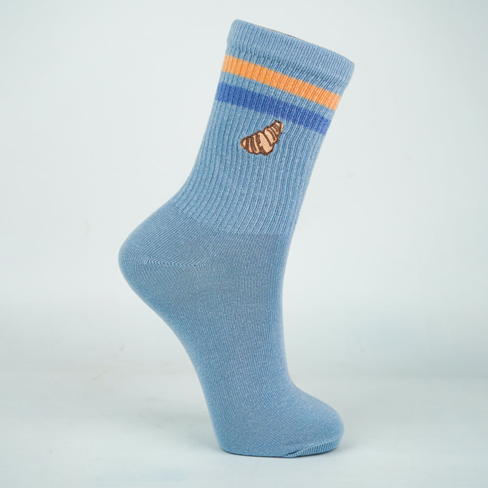 Unisex Blue Croissant Embroidery Crew Socks