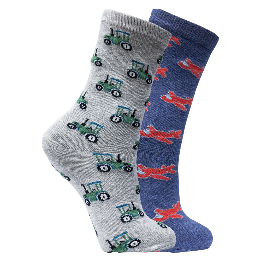 Pack of 2 - Boys Tractor & Airplane Fun Socks
