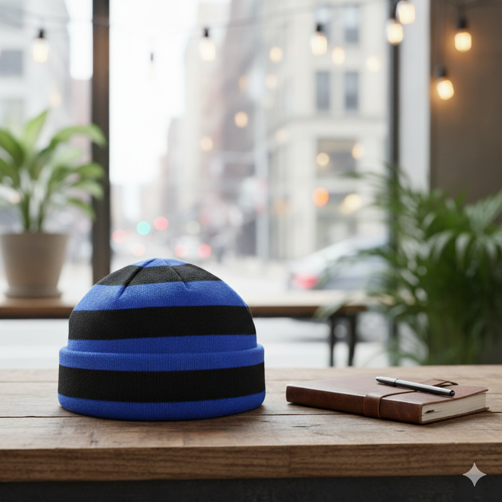 Men Blue With Black Striped Beanie Cap (RG)