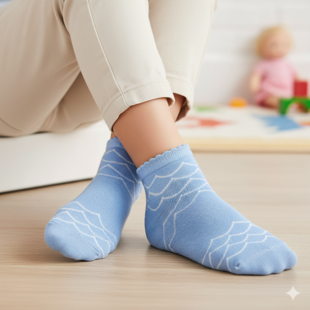 Blue With Wave Pattern Ankle Socks for Girls