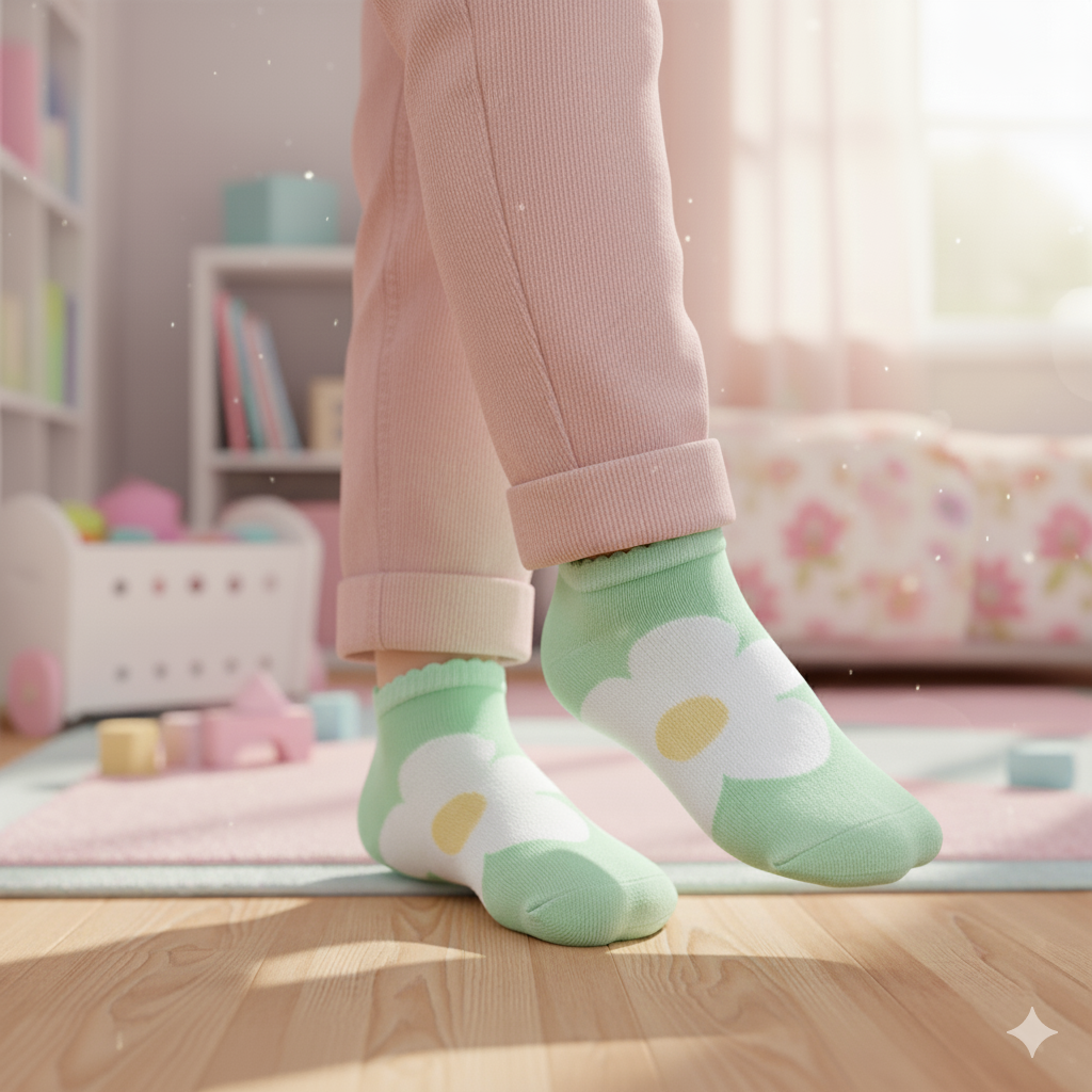 White Flower Print Girl's Ankle Socks