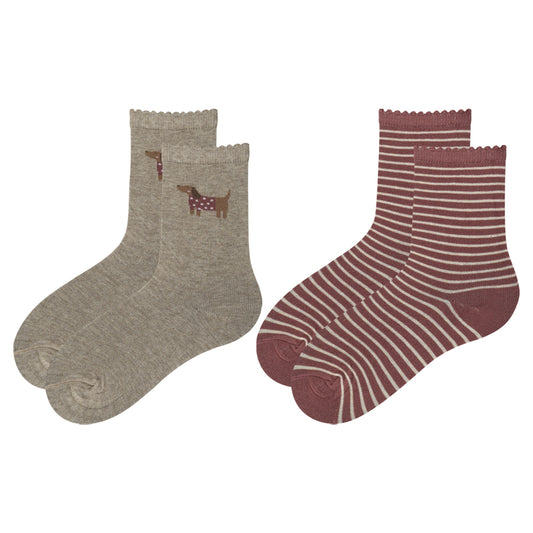 Beige Dachshund & Striped Crew Socks for Girls