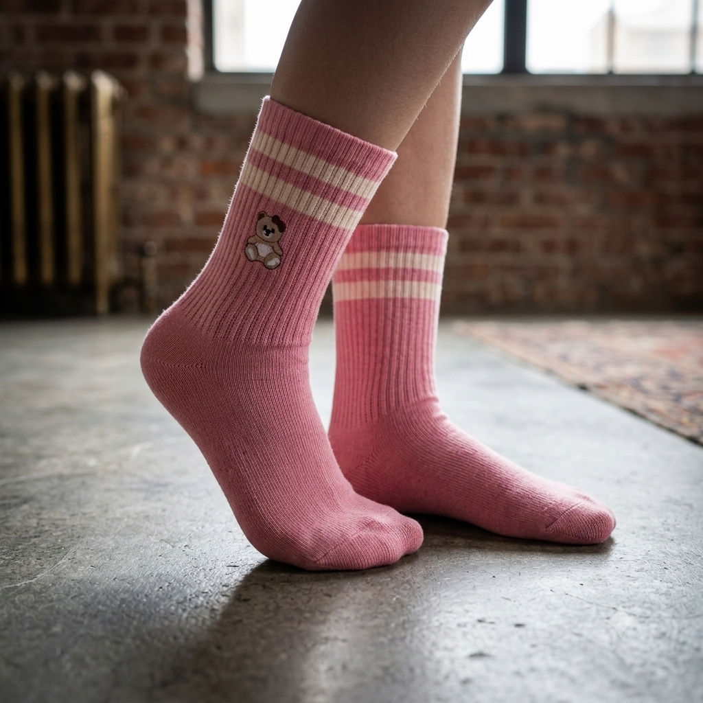 Girls Teddy Bear Crew Baby Pink Socks
