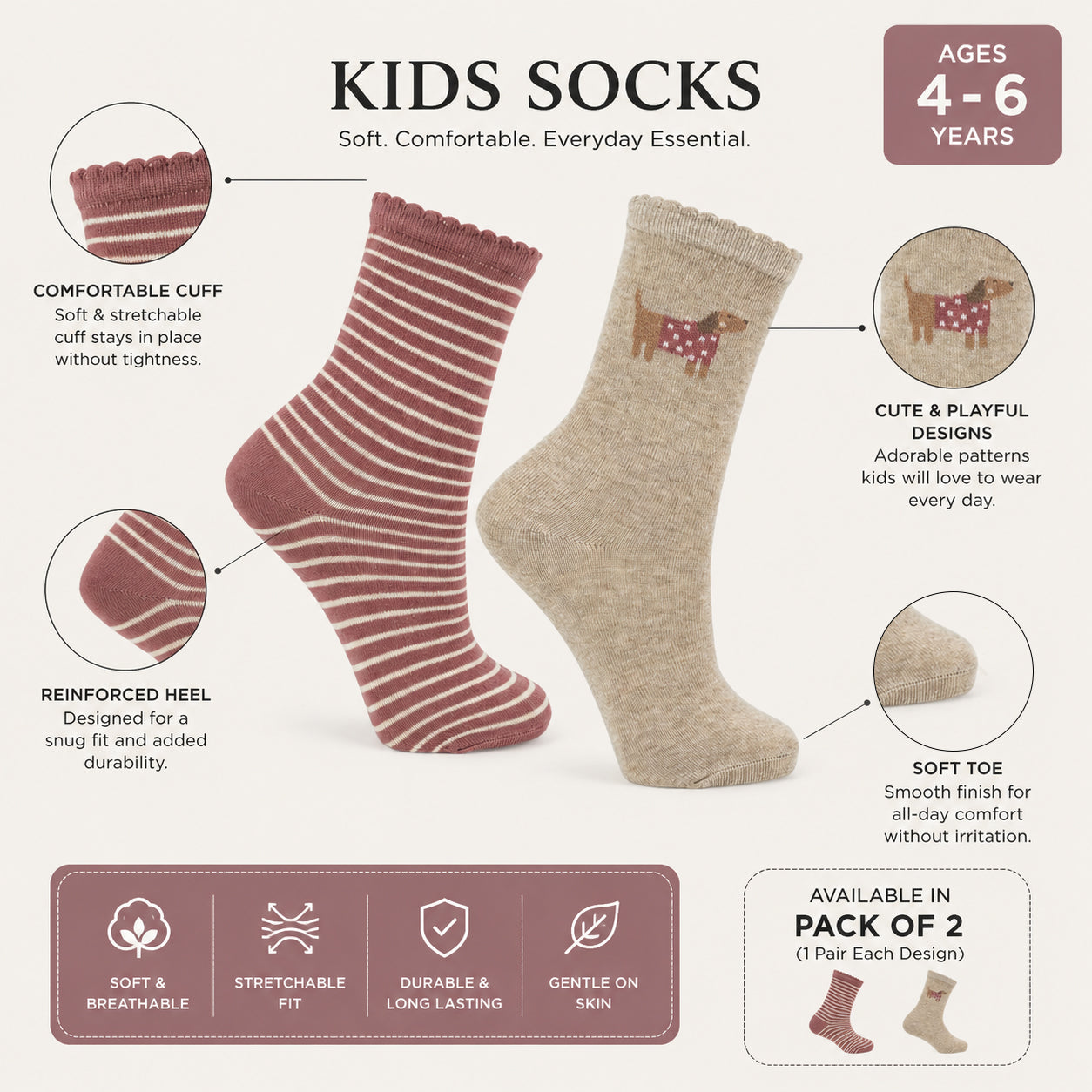 Beige Dachshund & Striped Crew Socks for Girls