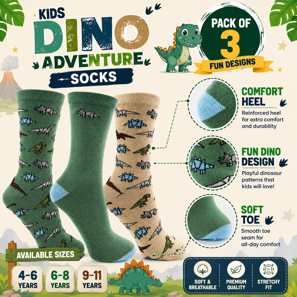 Boys Adventure Dinosaur Print Crew Socks