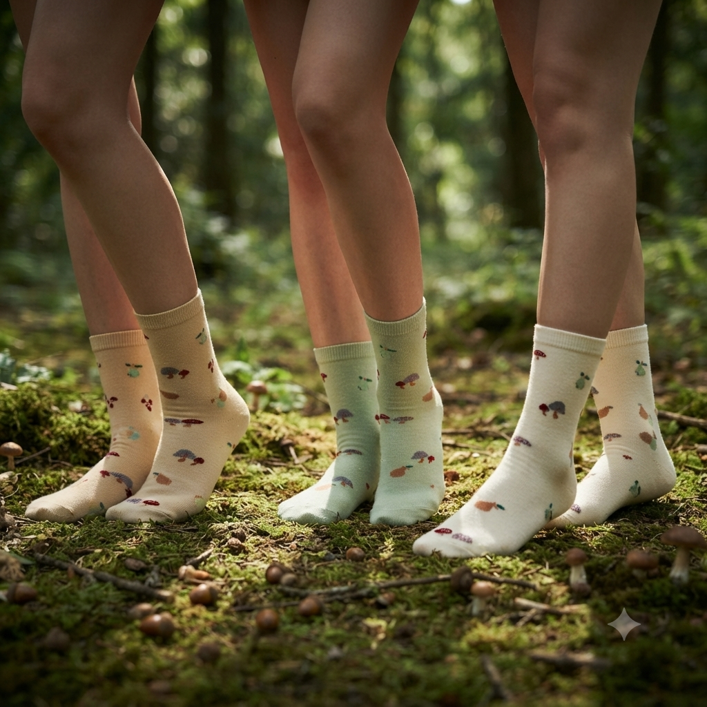 Girls Mushroom & Pear Print Crew Socks