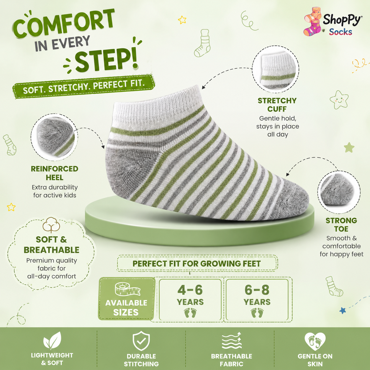 Boys Green Striped Ankle Socks