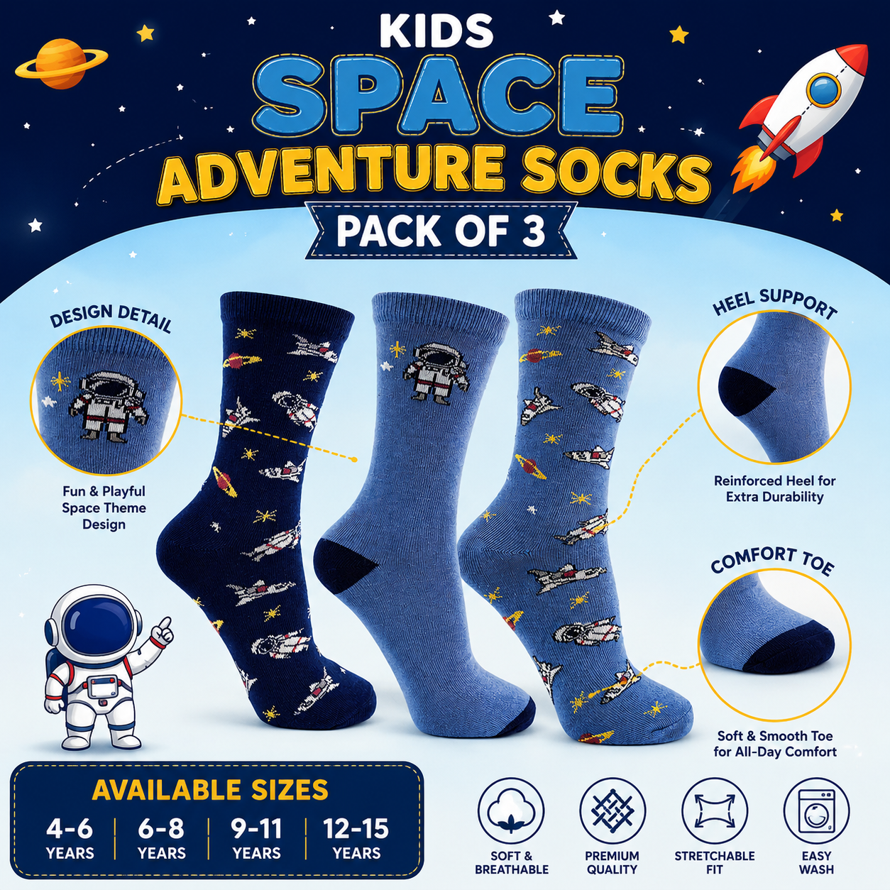 Boys Space Adventure Crew Socks