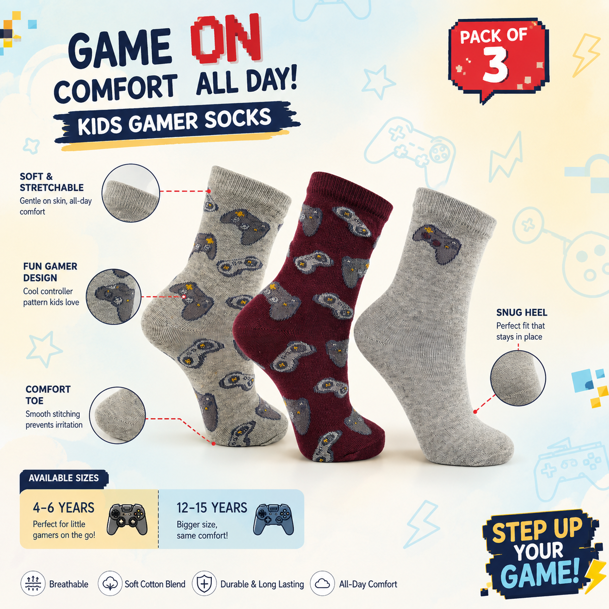 Boys Gaming Controller Crew Socks