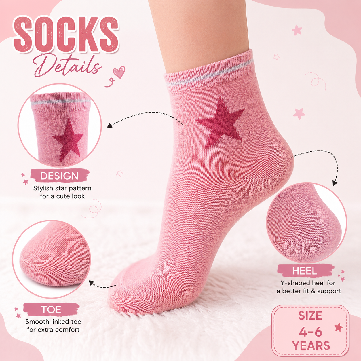 Girls Pink Sparkle Star Crew Socks