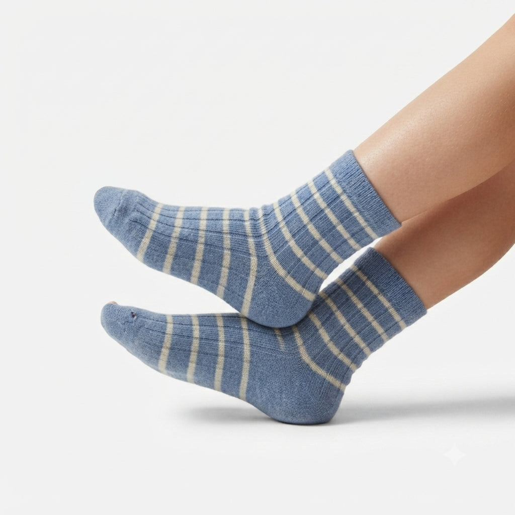 Girls Blue Striped Ribbed Crew Socks