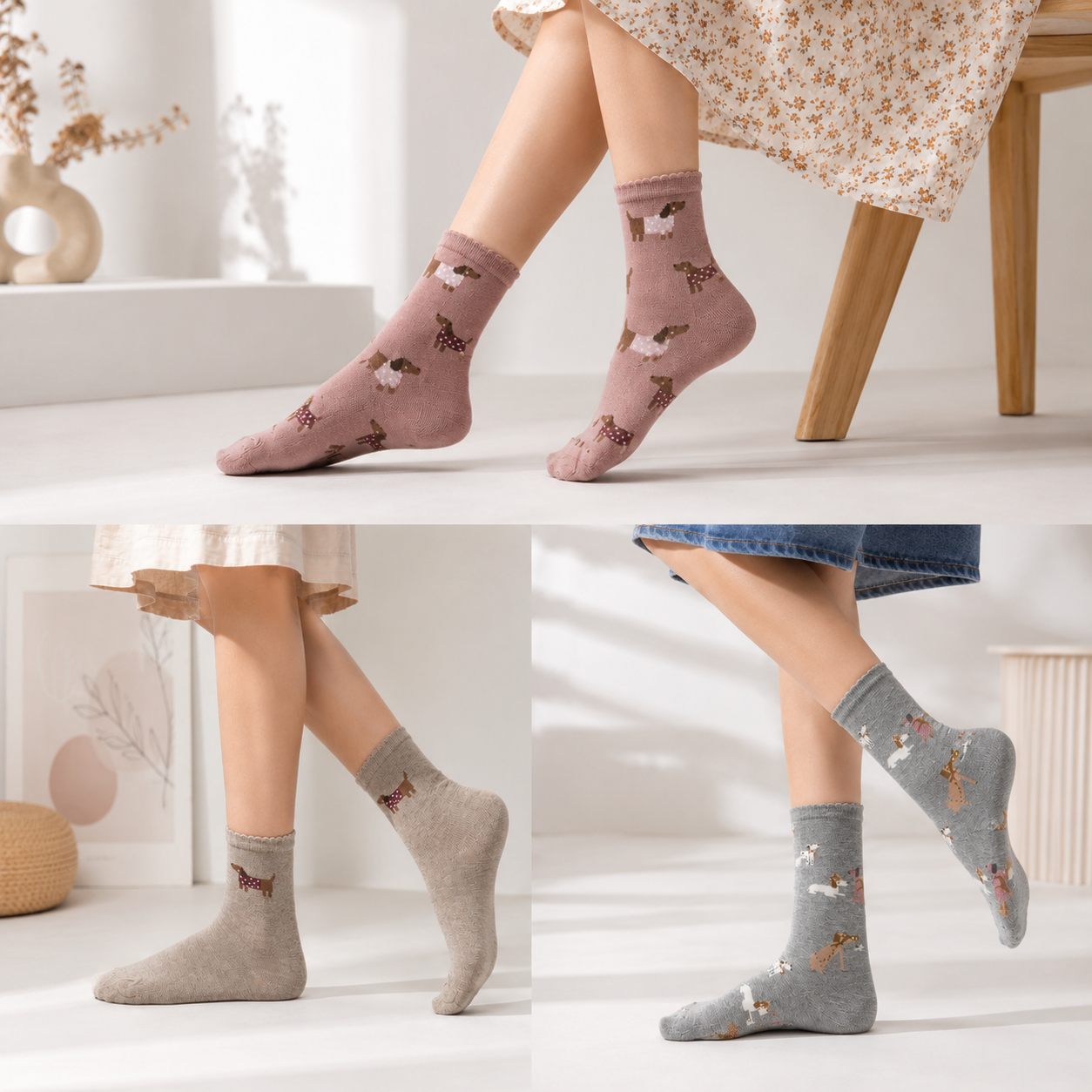 Girls Dogs Print Crew Socks