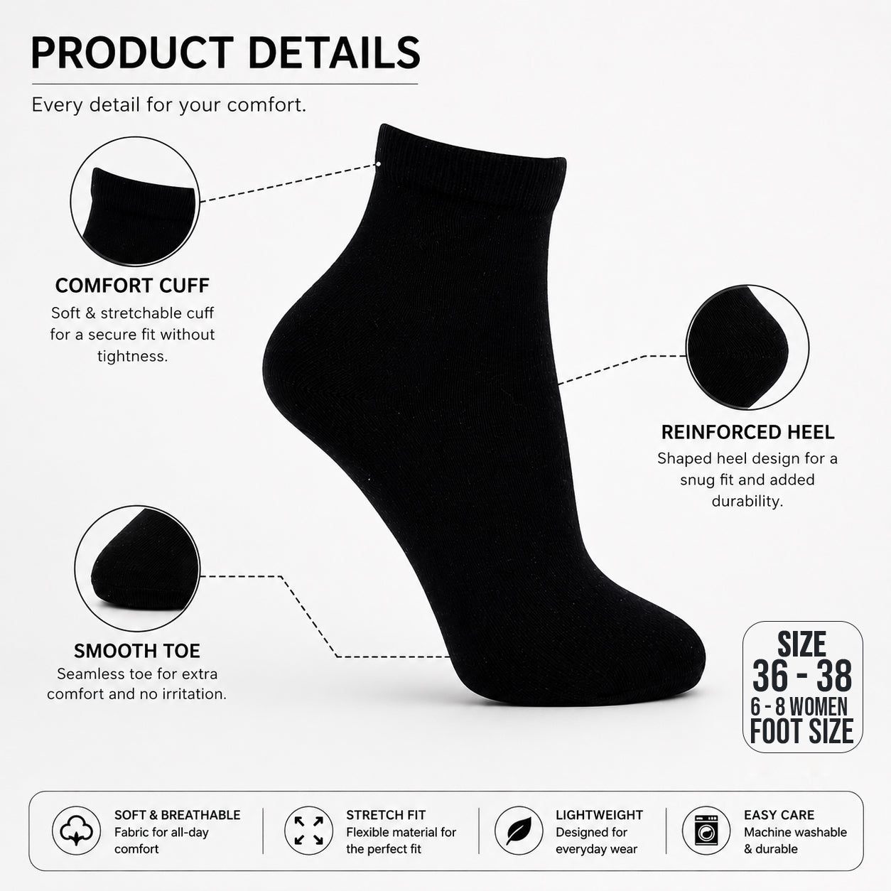 Women Plain Black Ankle Socks