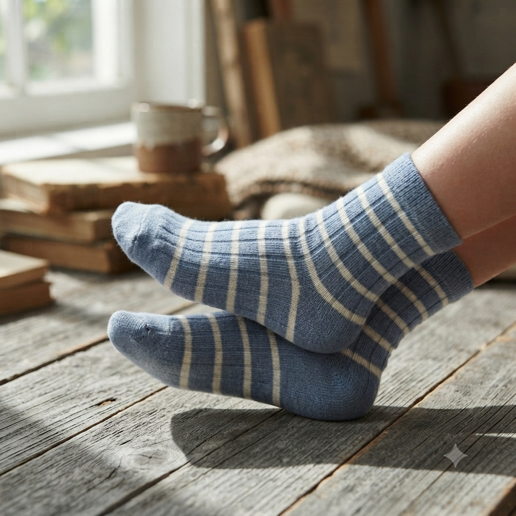 Girls Blue Striped Ribbed Crew Socks
