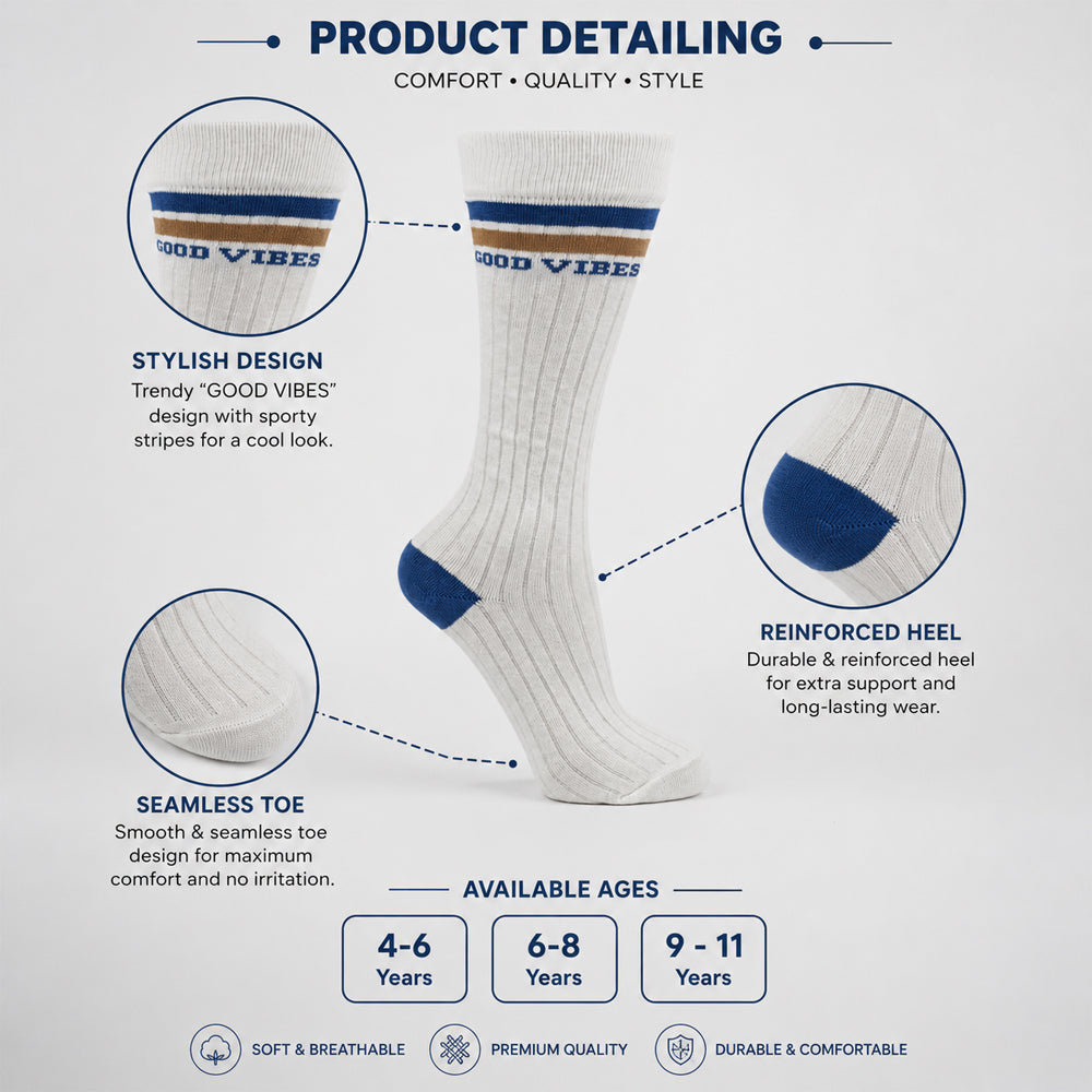 Girls' "GOOD VIBES" Ribbed Knee-High Socks