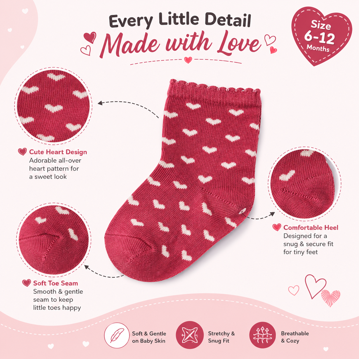 Adorable Heart-Print Baby Girl Socks