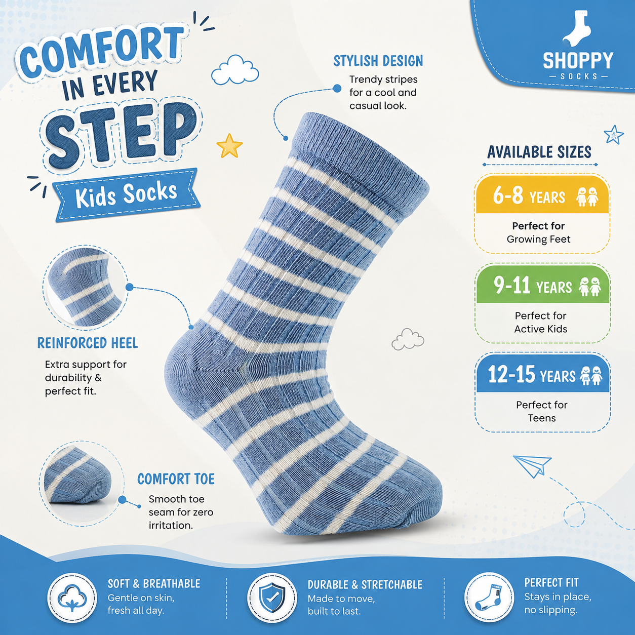 Girls Blue Striped Ribbed Crew Socks