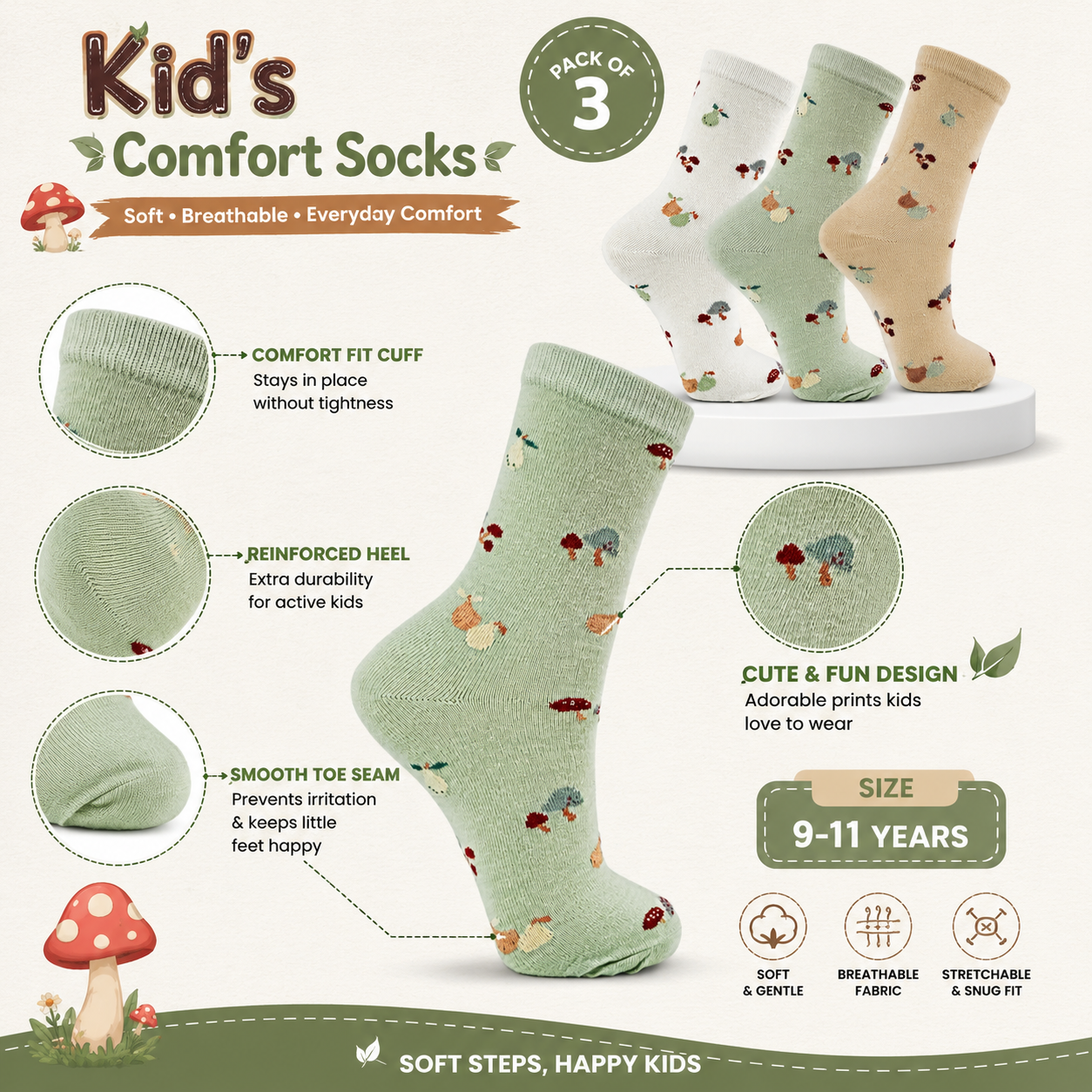 Girls Mushroom & Pear Print Crew Socks