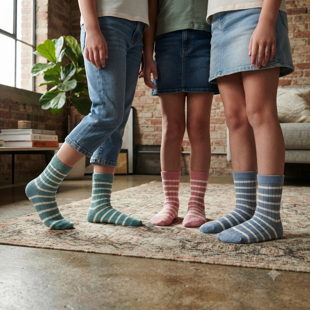 Girls Retro Ribbed Striped Crew Socks