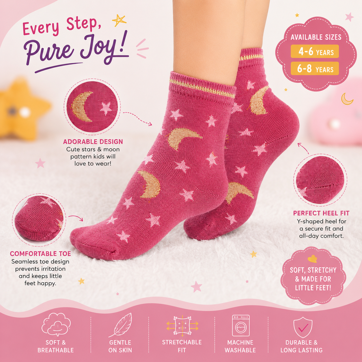 Girls Celestial Moon & Stars Print Ankle Socks