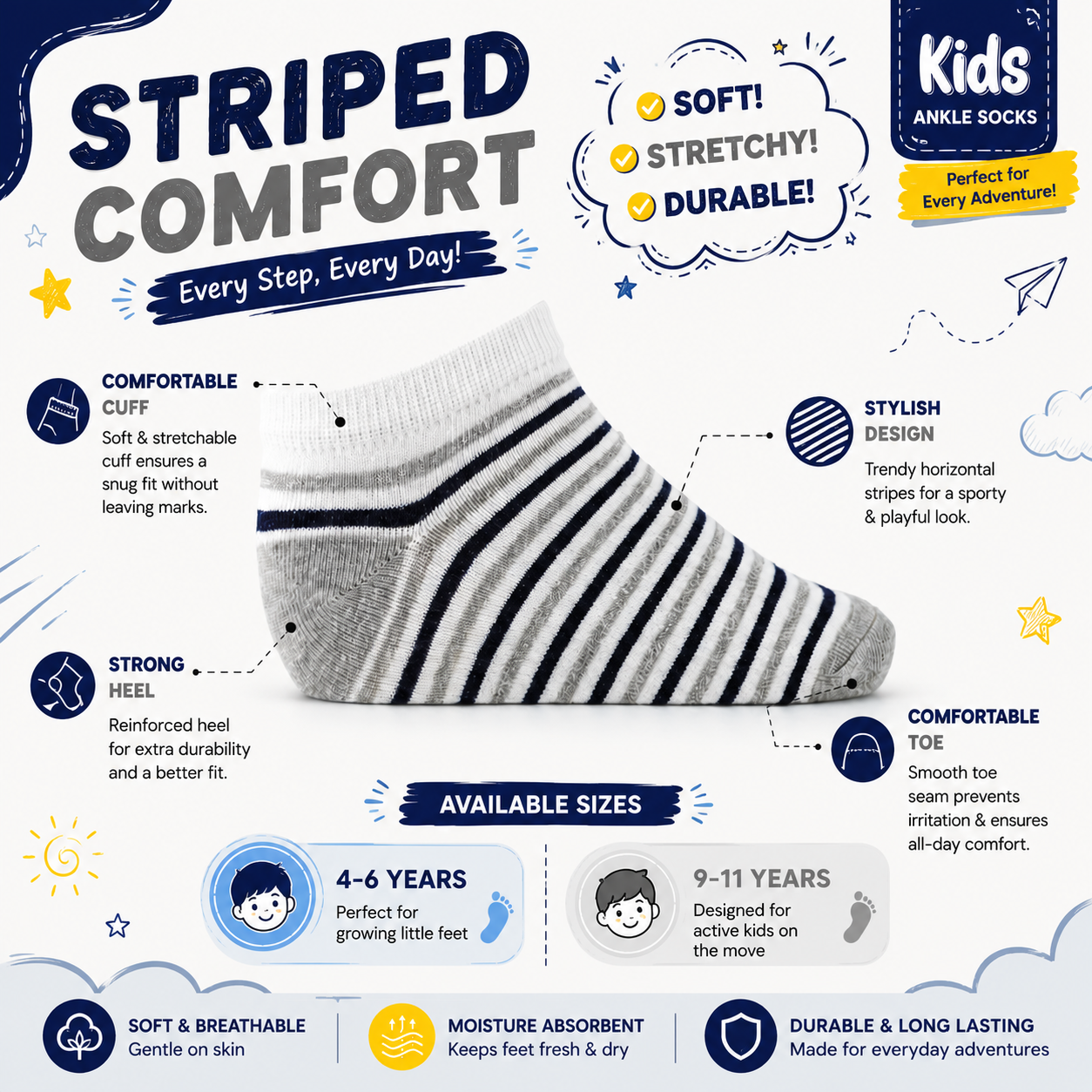 Boys Navy Striped Ankle Socks