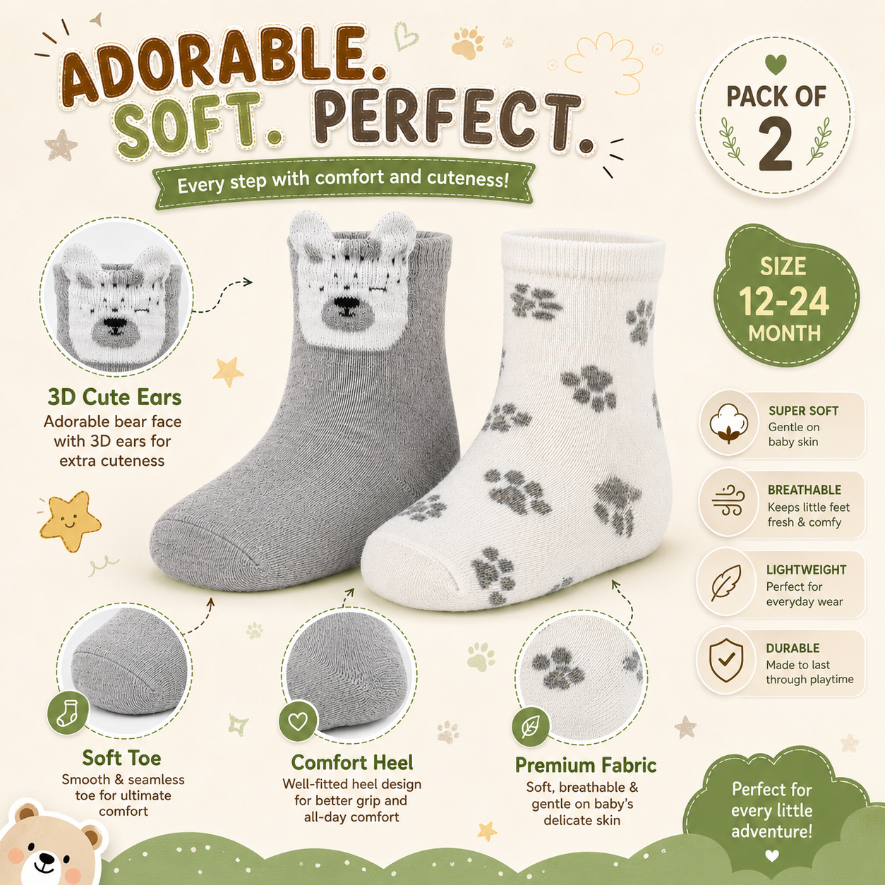 Bear & Paw Print Baby Socks