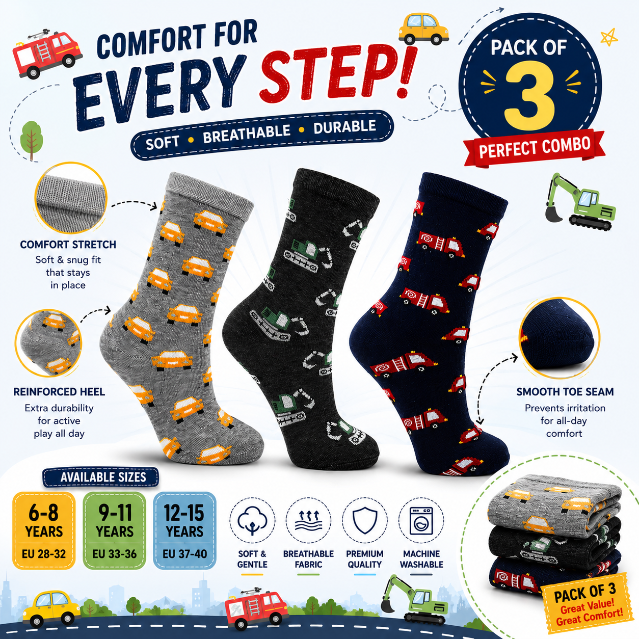 Boys Fun Vehicle Print Crew Socks