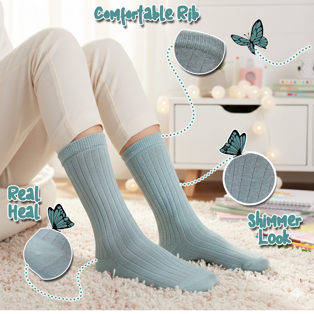 Girl Shimmer Ribbed Crew Socks - Mint colour