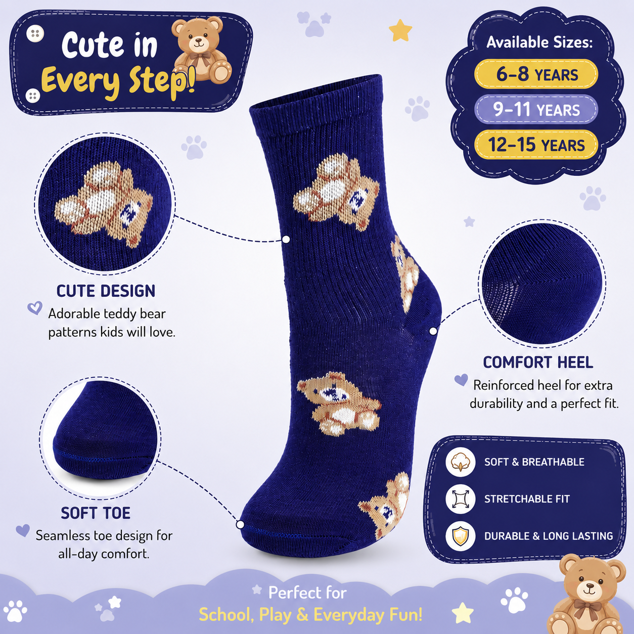 Girls Teddy Bear Crew Socks