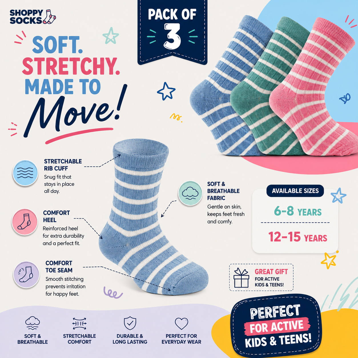 Girls Retro Ribbed Striped Crew Socks