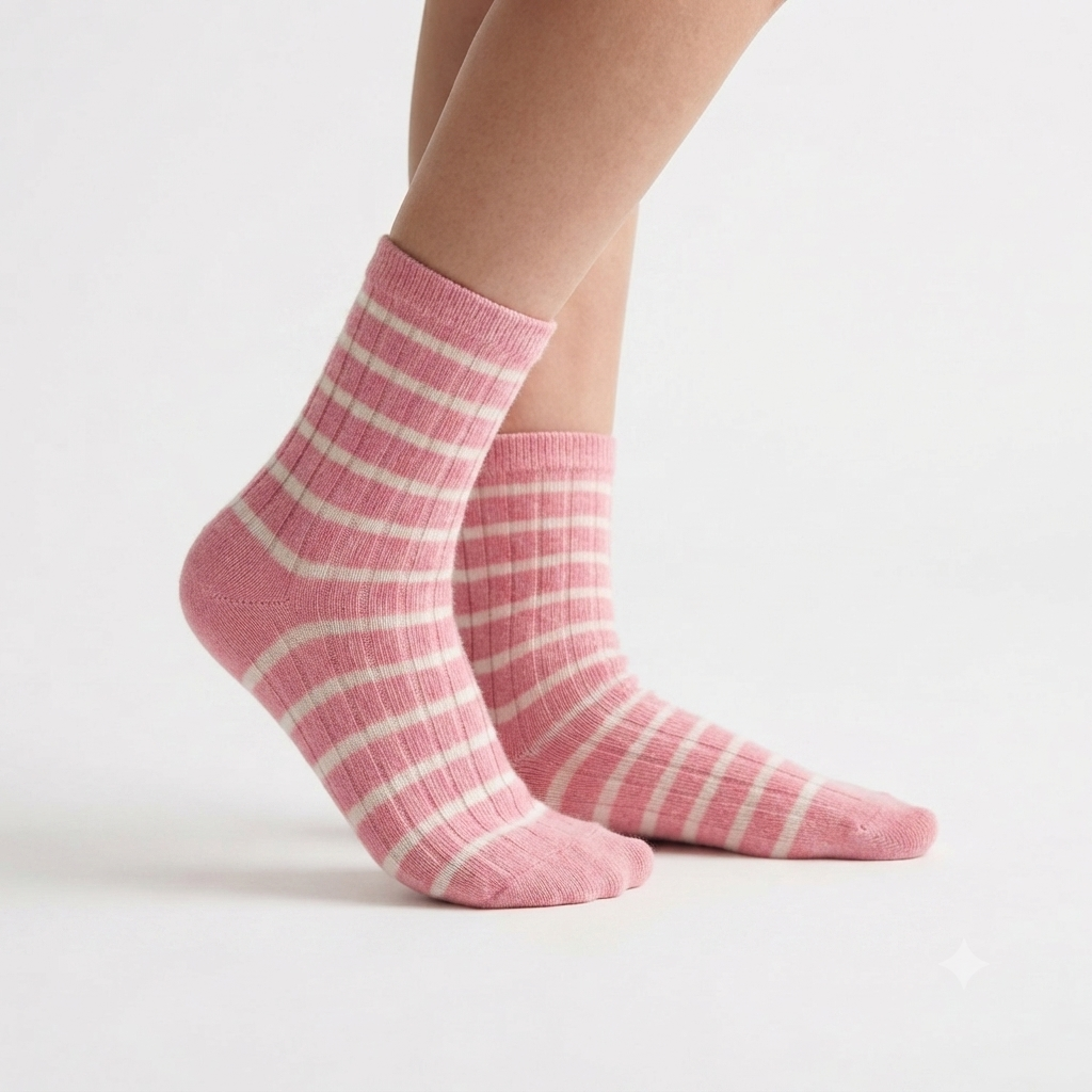 Girl Pink & White Striped Ribbed Crew Socks