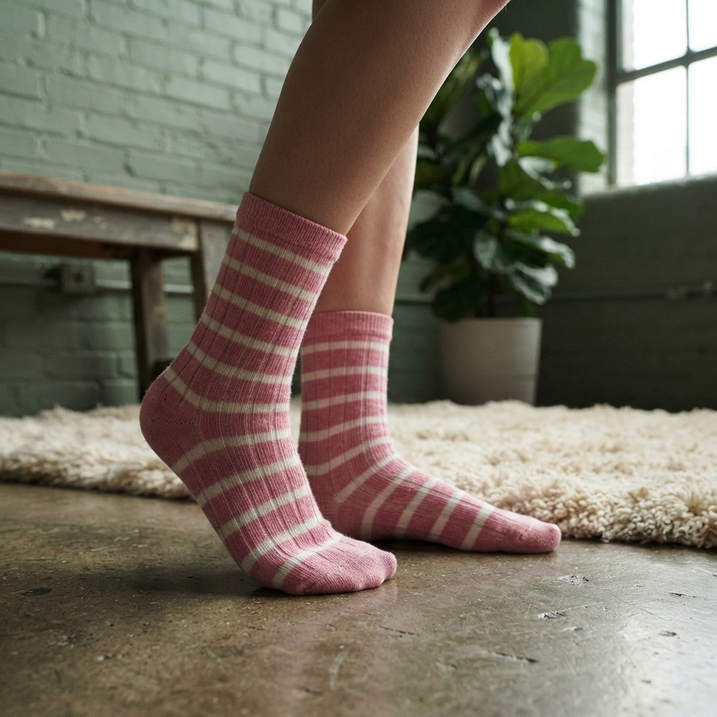 Girl Pink & White Striped Ribbed Crew Socks