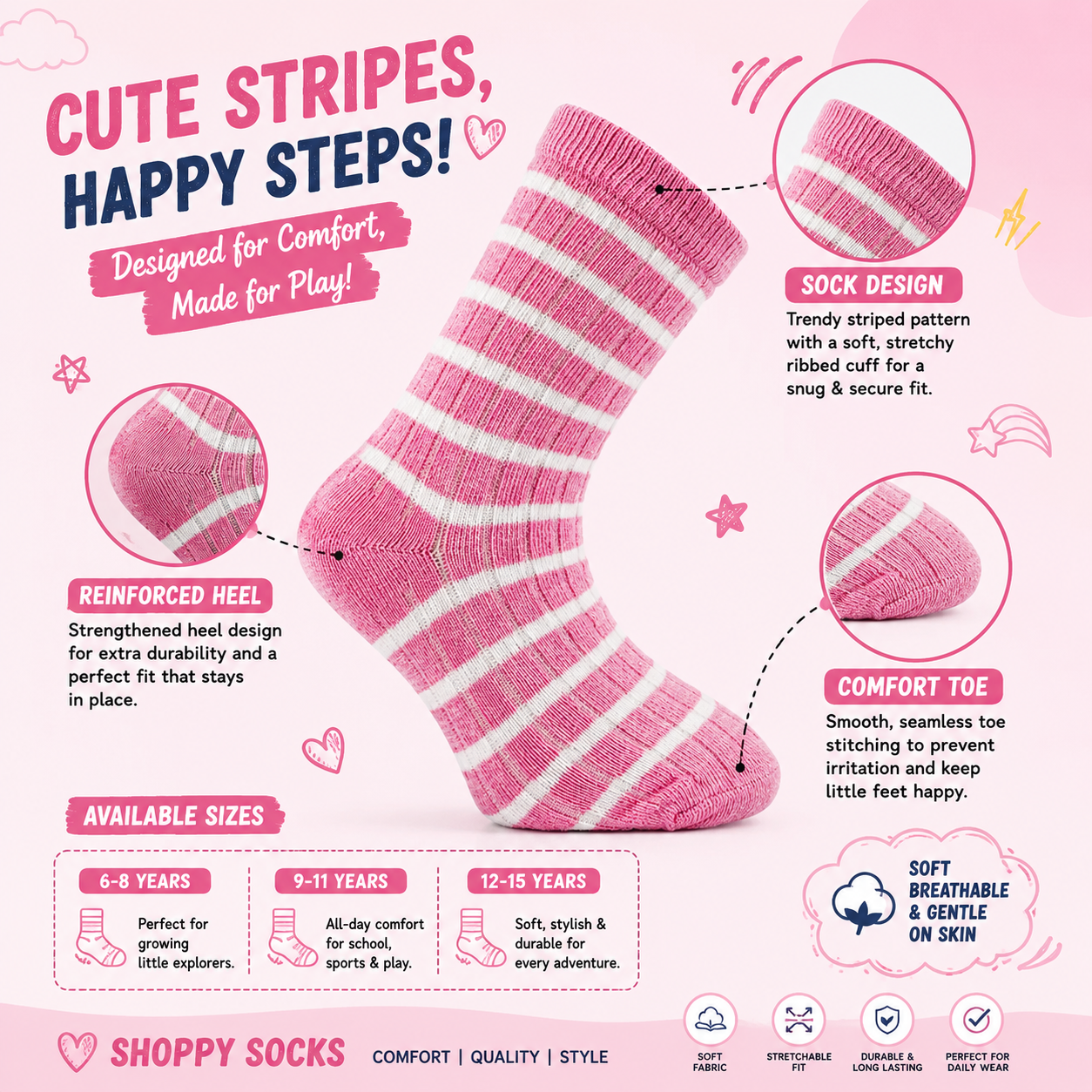 Girl Pink & White Striped Ribbed Crew Socks