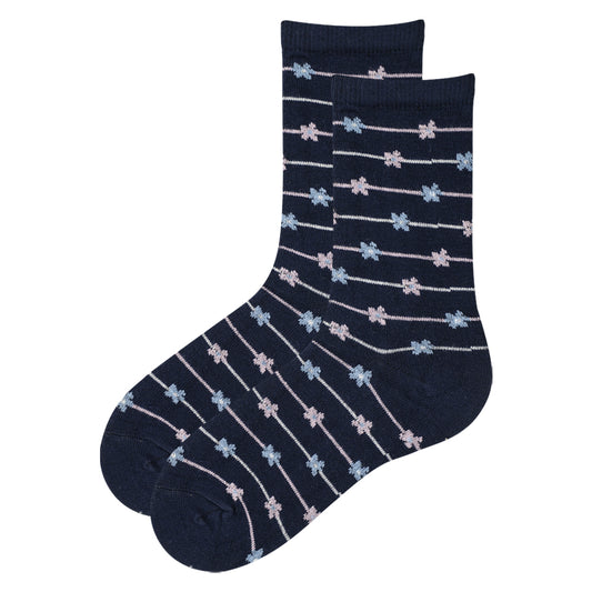 Girls Navy Floral Crew Socks