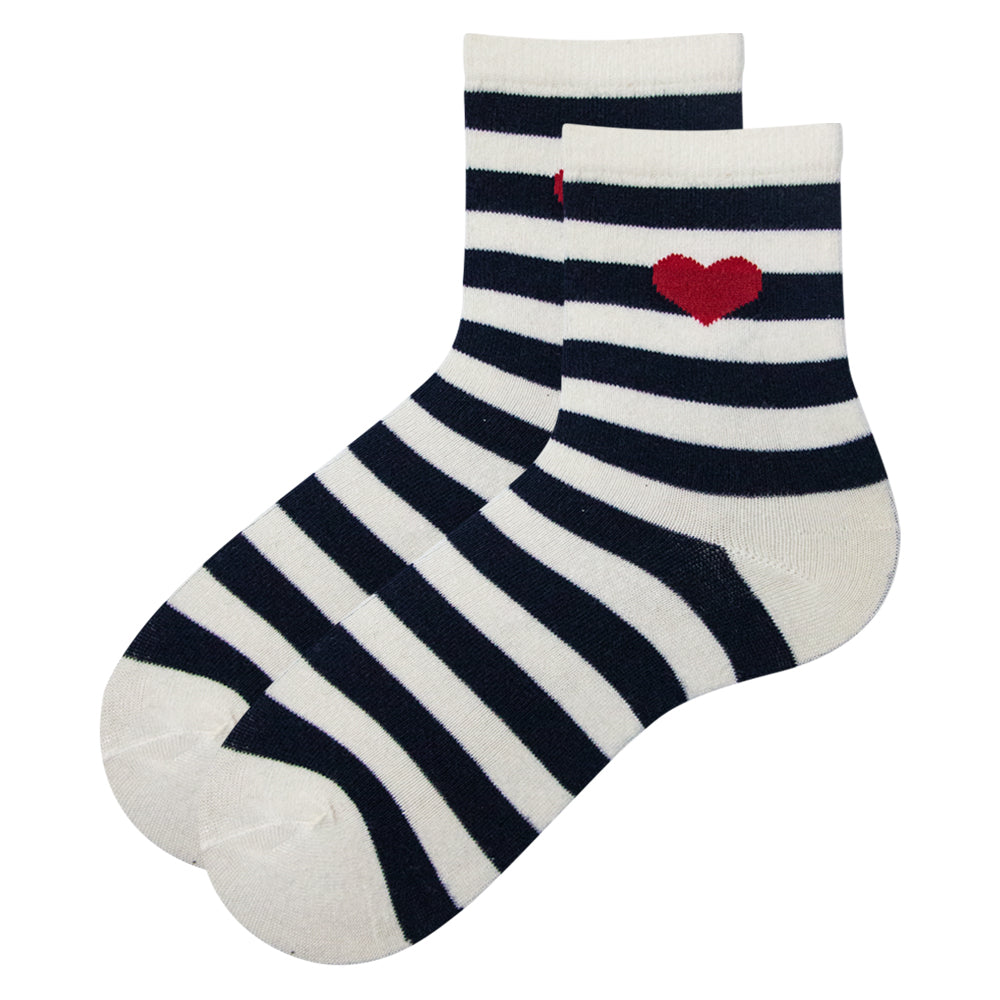 Women Navy Stripe & Red Heart Crew Socks