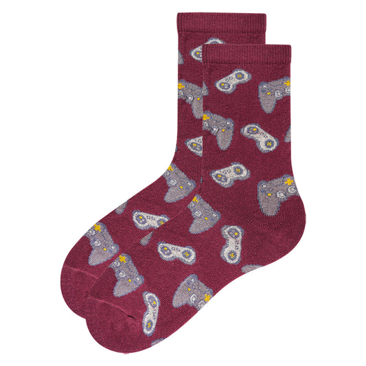 Boys Gaming Controller Print Crew maroon Socks