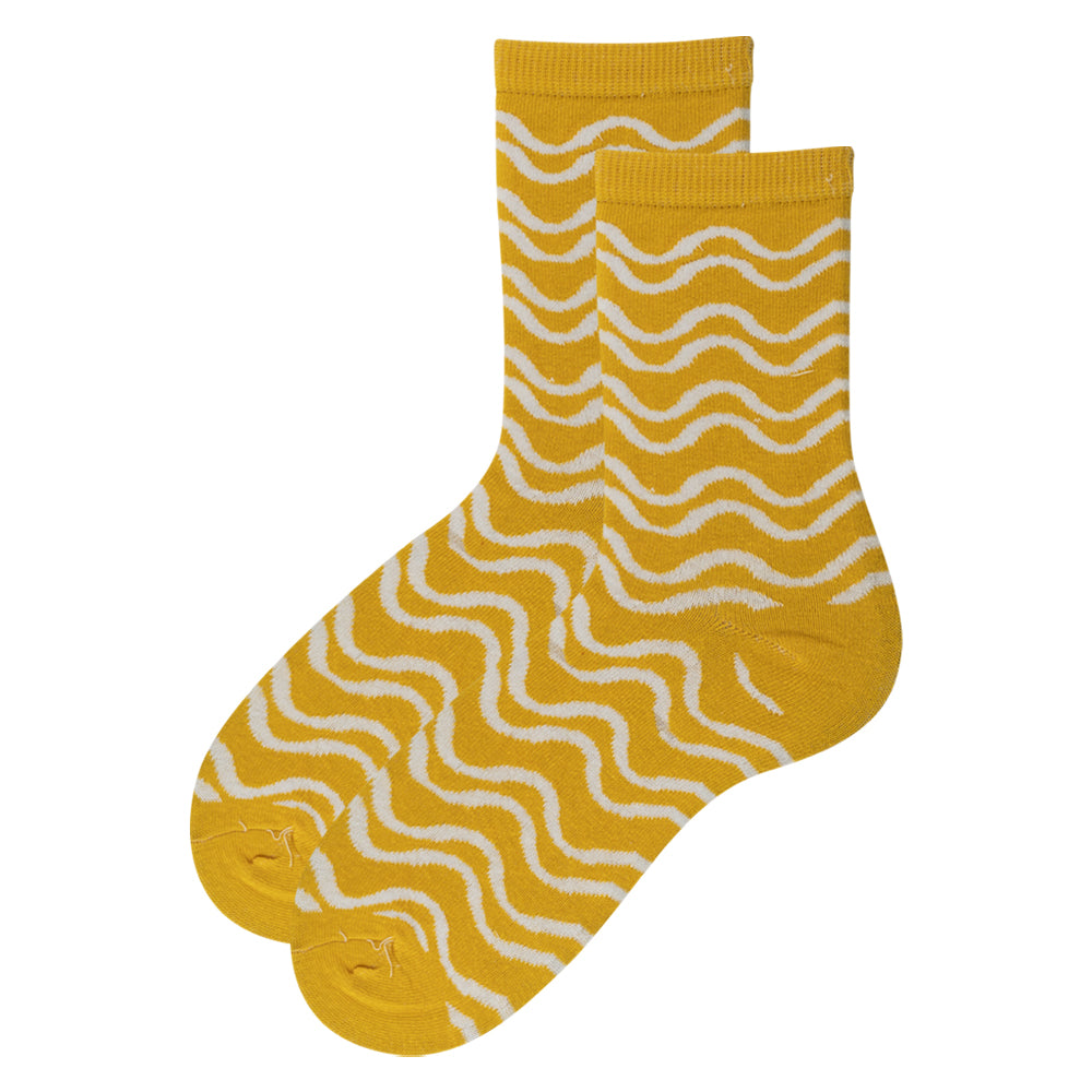 Women Yellow Wave Pattern Crew Socks