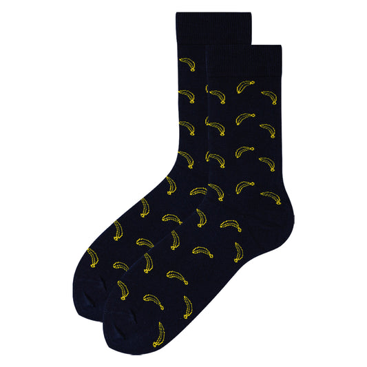 Banana Print Navy Blue Crew Socks