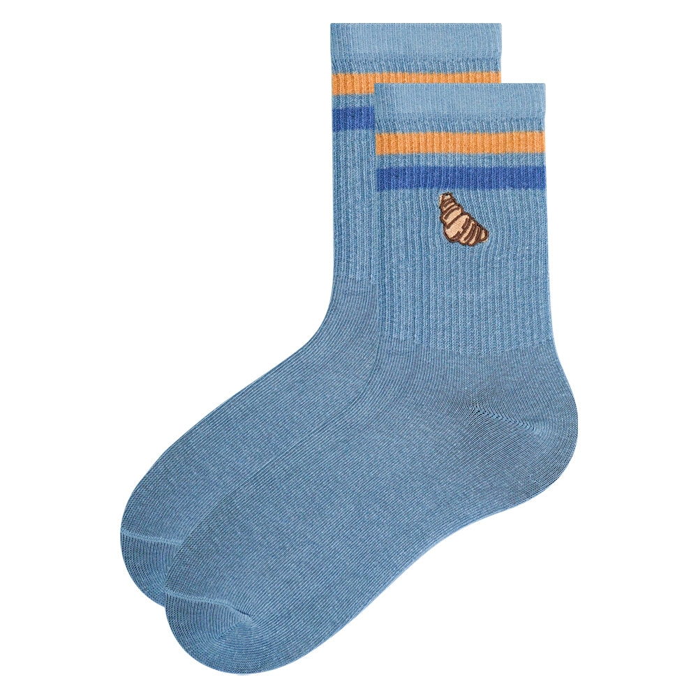 Unisex Blue Croissant Embroidery Crew Socks