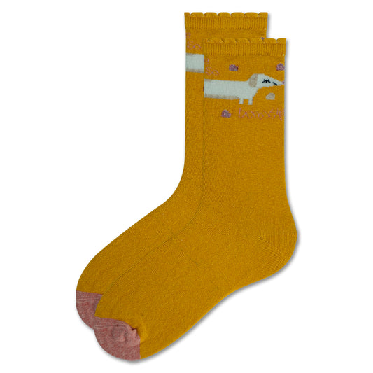 Girls Dachshund Print Mustard Crew Socks