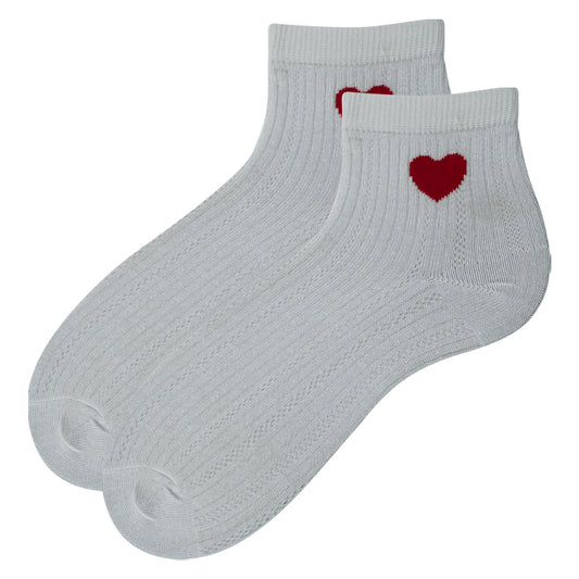 Women White Ankle Socks with Red Heart