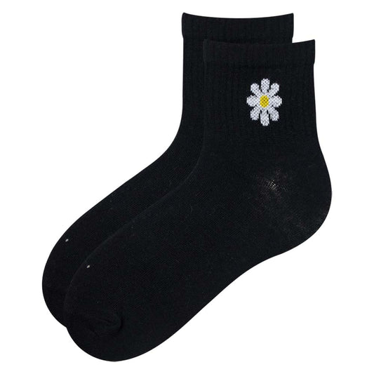 Black With Flower Print Crew Socks