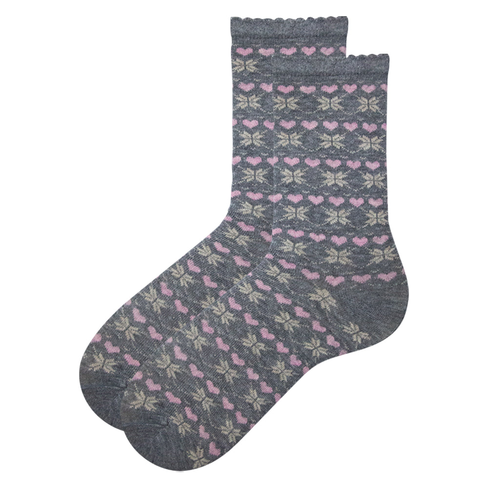 Women Grey with Pink Heart Print Crew Socks
