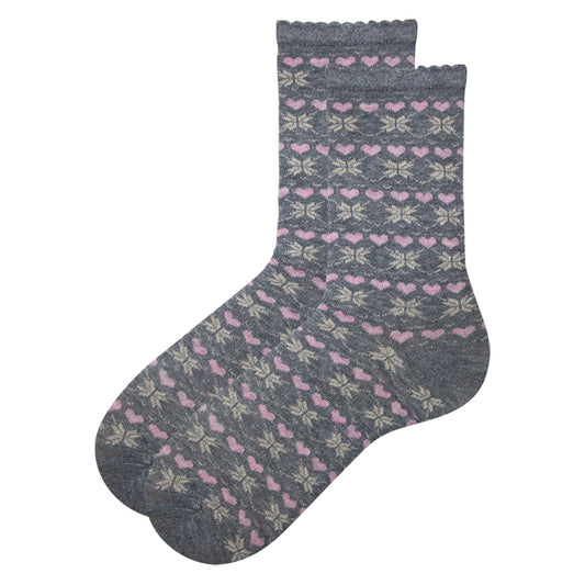 Women Grey with Pink Heart Print Crew Socks