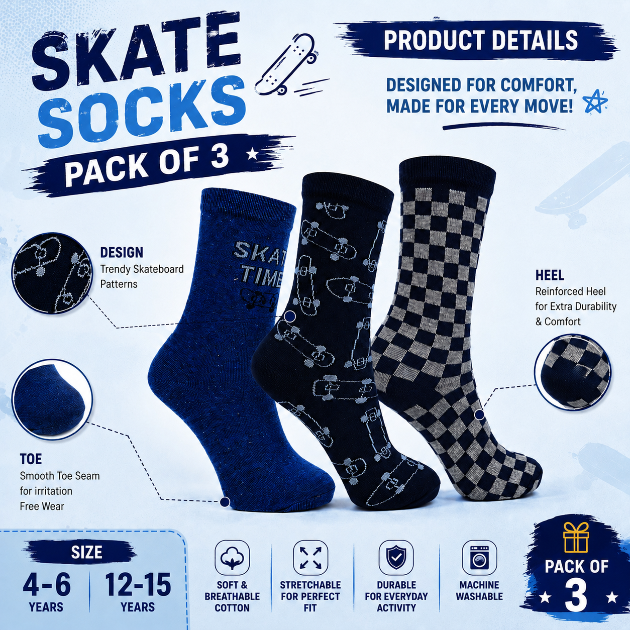 Pack of 3 - Boy's Skate Print Crew Socks