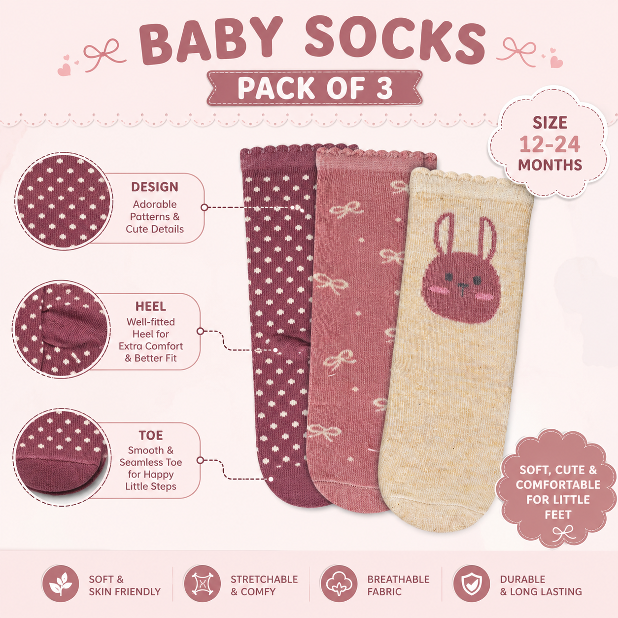 Pack of 3 - Baby Girls Cotton Crew Socks