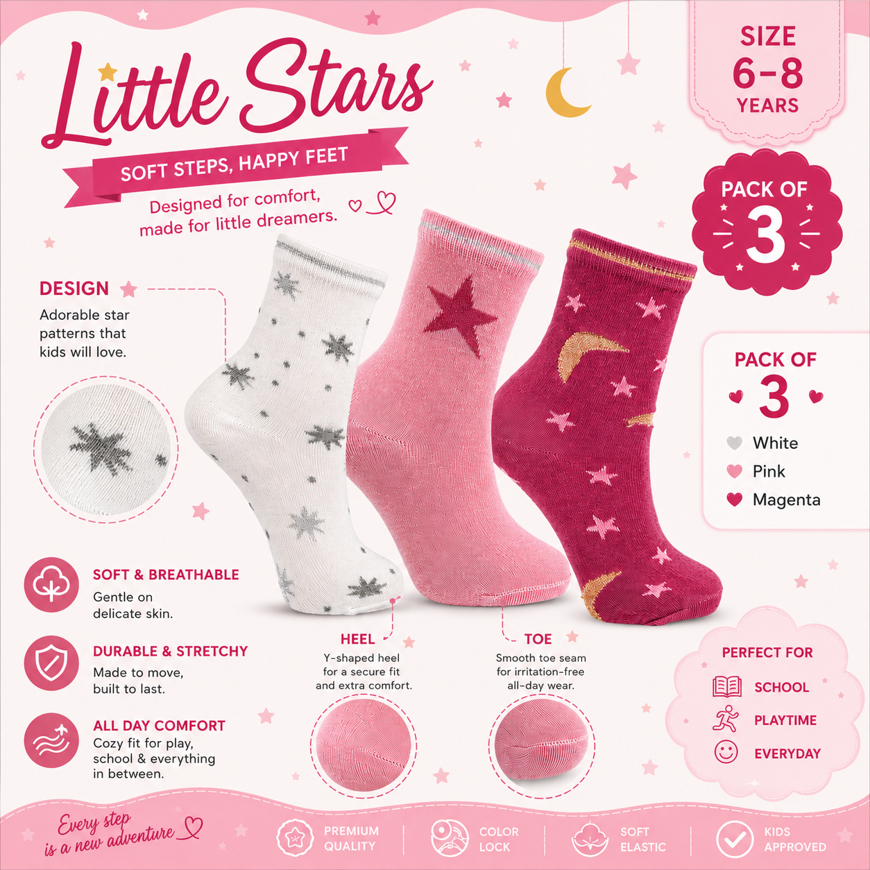 Pack of 3 - Girls Star & Moon Print Ankle Sock
